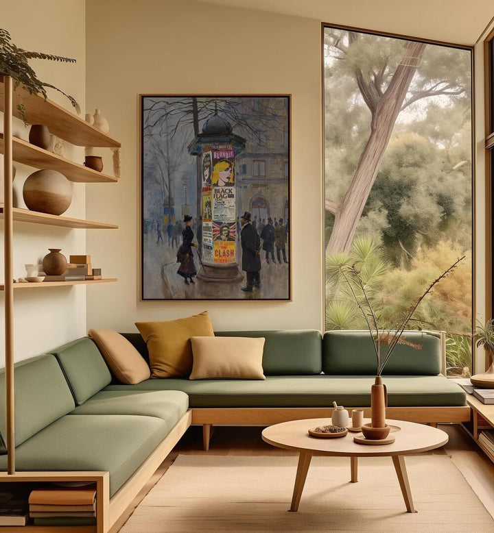 Punk Concerts, Altered Art Prints by Dikhotomy adorn a stylish living room, showcasing vibrant punk culture.