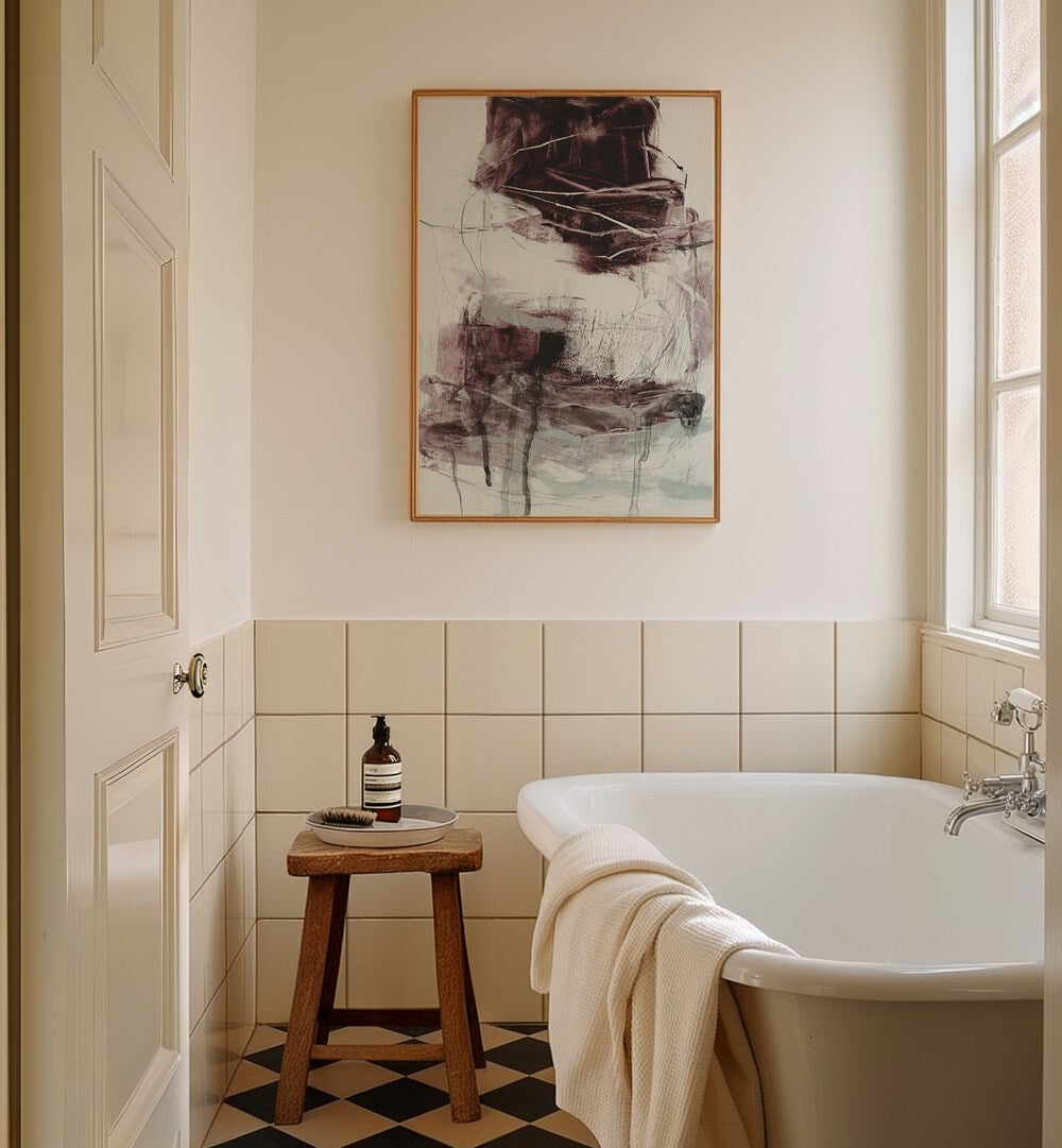 Vibrant ABSTRACT EXPRESSIONISM artwork enhances modern decor, showcasing stunning ABSTRACT PAINTINGS in a serene bathroom.