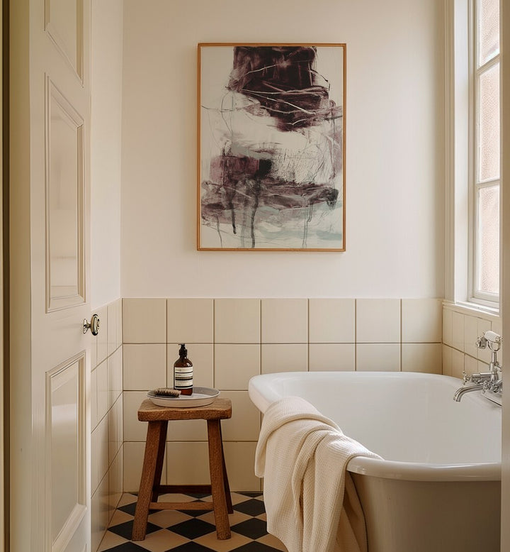 Vibrant ABSTRACT EXPRESSIONISM artwork enhances modern decor, showcasing stunning ABSTRACT PAINTINGS in a serene bathroom.