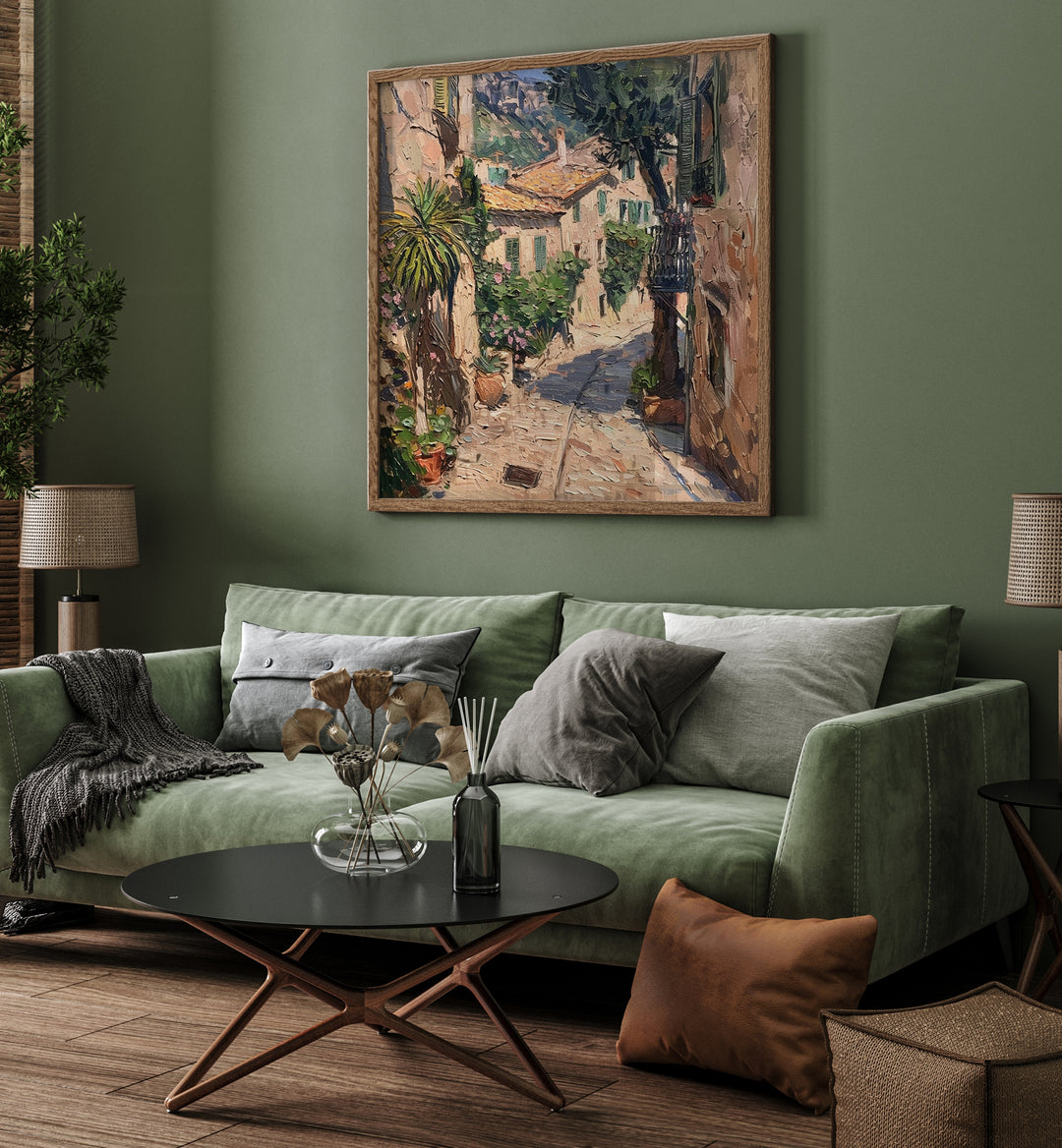 Stylish interior featuring the STREET IN MALLORCA II artwork, enhancing a cozy living space with vibrant decor.