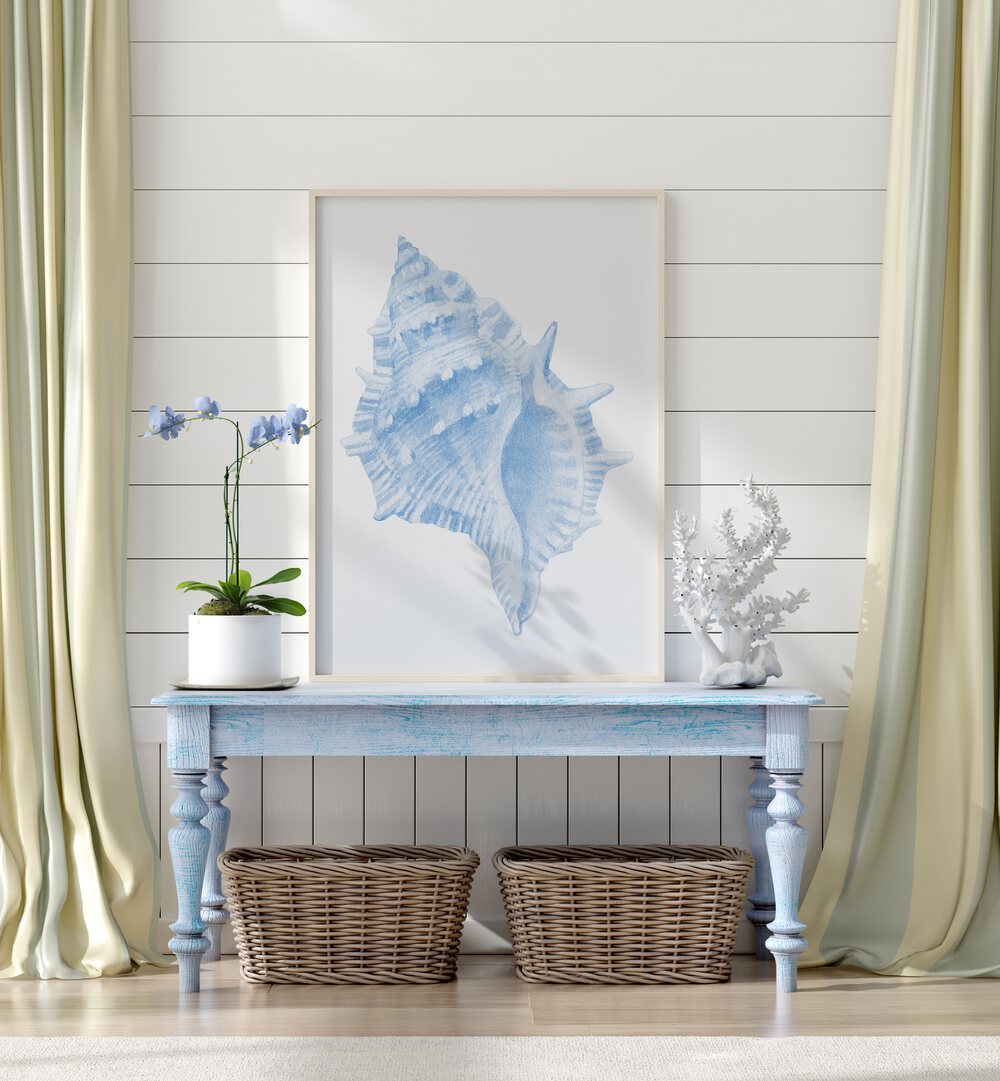 Stunning ONE BLUE CONCH, BEACH PAINTINGS decor enhances coastal themes with oceanic beauty and tranquility.
