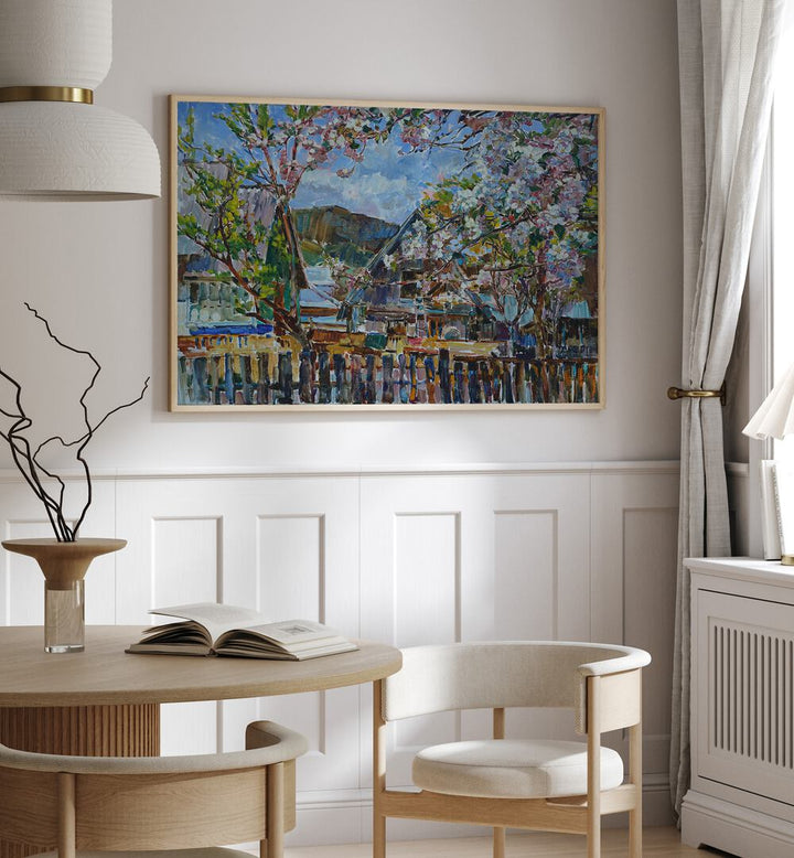 Vibrant BLOOMING APPLE TREES, LANDSCAPE PAINTINGS enhancing a cozy interior with natural elegance and charm.