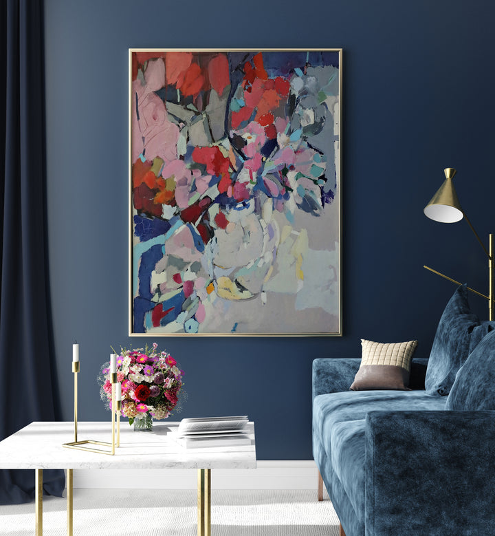 Vibrant ABSTRACT C, ABSTRACT PAINTINGS enhancing a stylish living space with modern decor and floral accents.