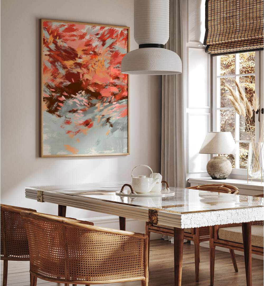 Stylish dining area featuring AUTUMN SHADOWS II, ABSTRACT PAINTINGS, adding warmth and seasonal charm to any space.