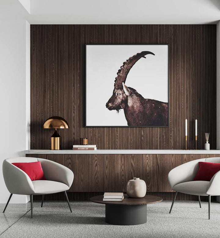 Stunning CAPRICORN IN SNOW, ANIMAL PAINTINGS showcasing majestic wildlife in a modern living space. Perfect for decor!