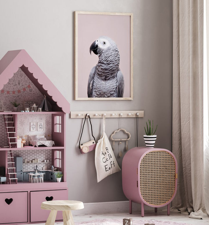 Stunning AFRICAN GREY, ANIMAL PAINTINGS showcase the beauty and charm of this intelligent parrot in a stylish room.