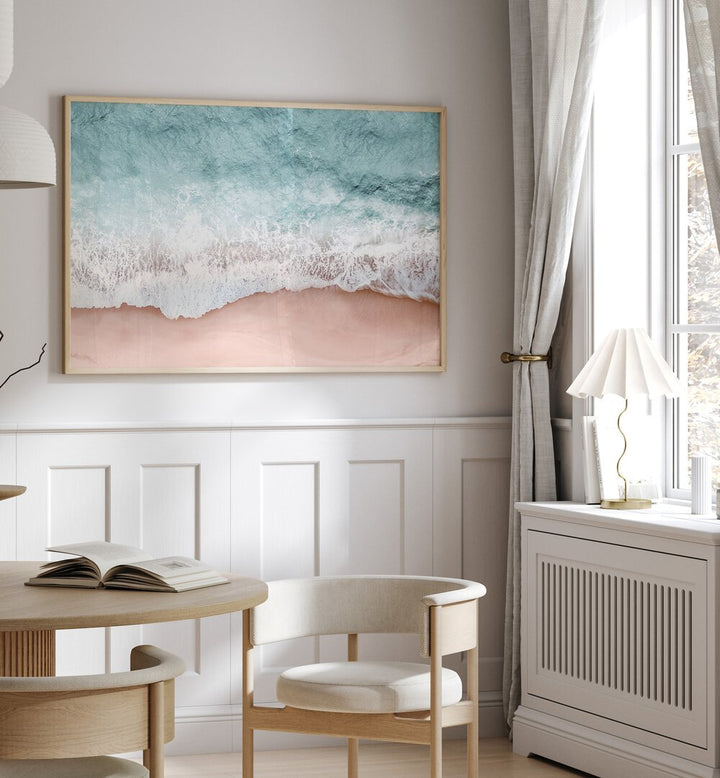 Stylish interior featuring BEACH VIBES III, BEACH PAINTINGS, capturing serene ocean waves and soft pink sands.