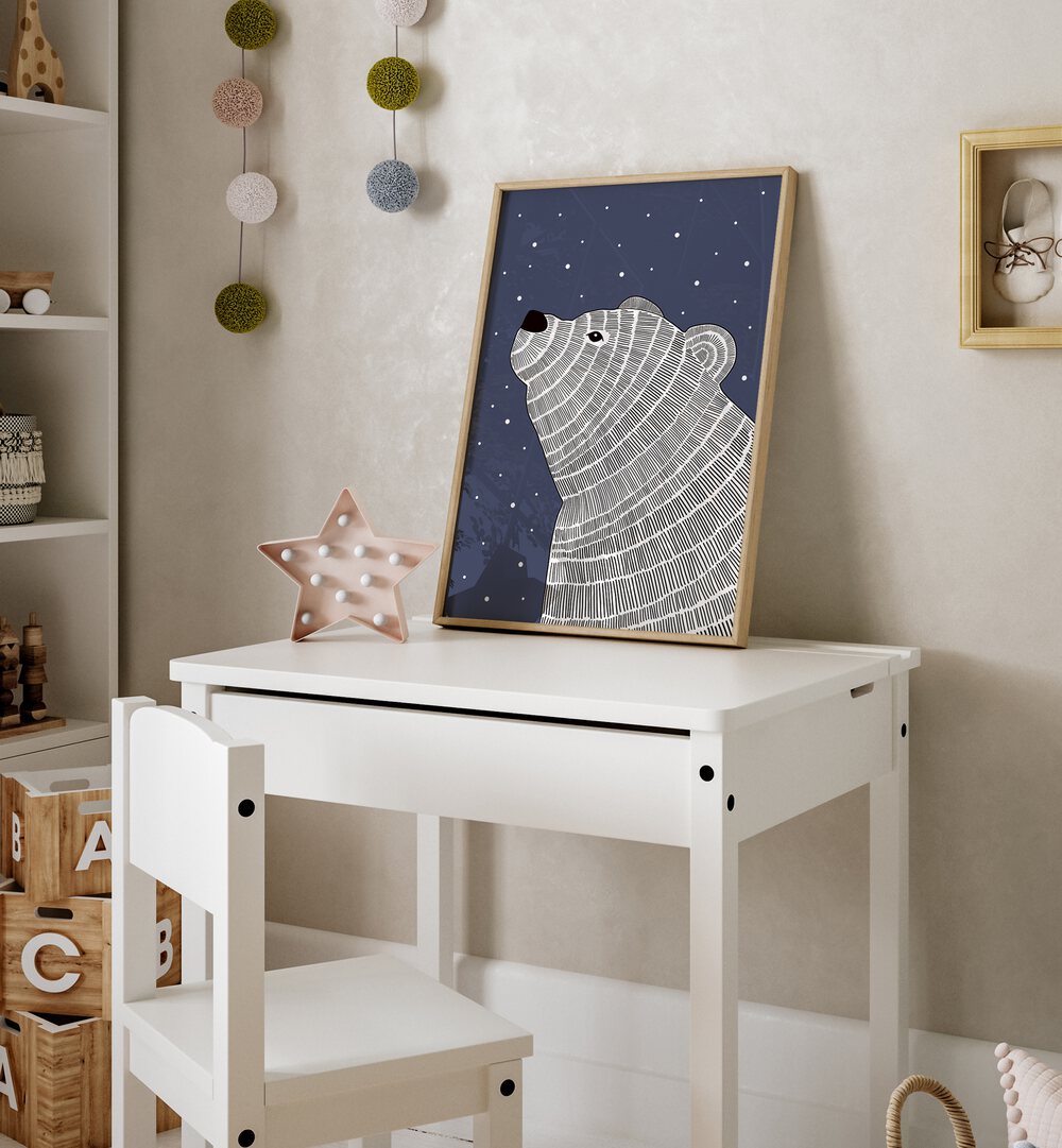 POLA BEAR NIGHT GAZE, KIDS ROOM PAINTINGS create a cozy winter vibe in your child's room with serene decor.