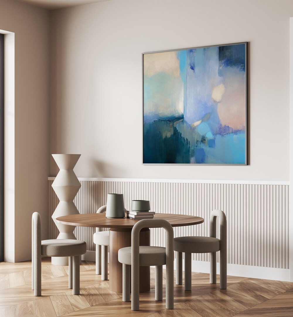 Modern interior featuring the SAILING AWAY, ABSTRACT PAINTINGS, enhancing the space with serene aquatic tones.