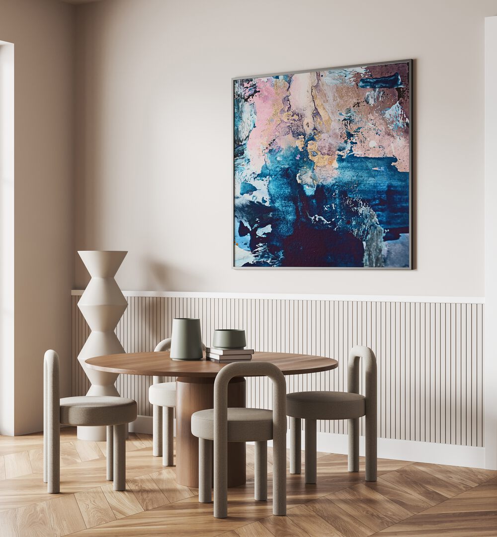 Stunning COSMIC WHISPERS, ABSTRACT PAINTINGS showcased above a modern dining table, enhancing contemporary decor.