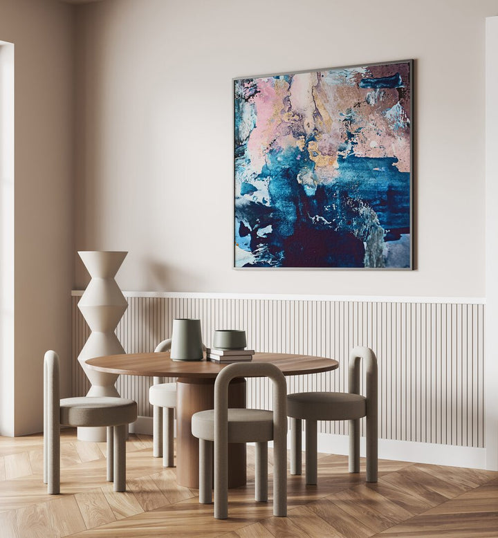 Stunning COSMIC WHISPERS, ABSTRACT PAINTINGS showcased above a modern dining table, enhancing contemporary decor.