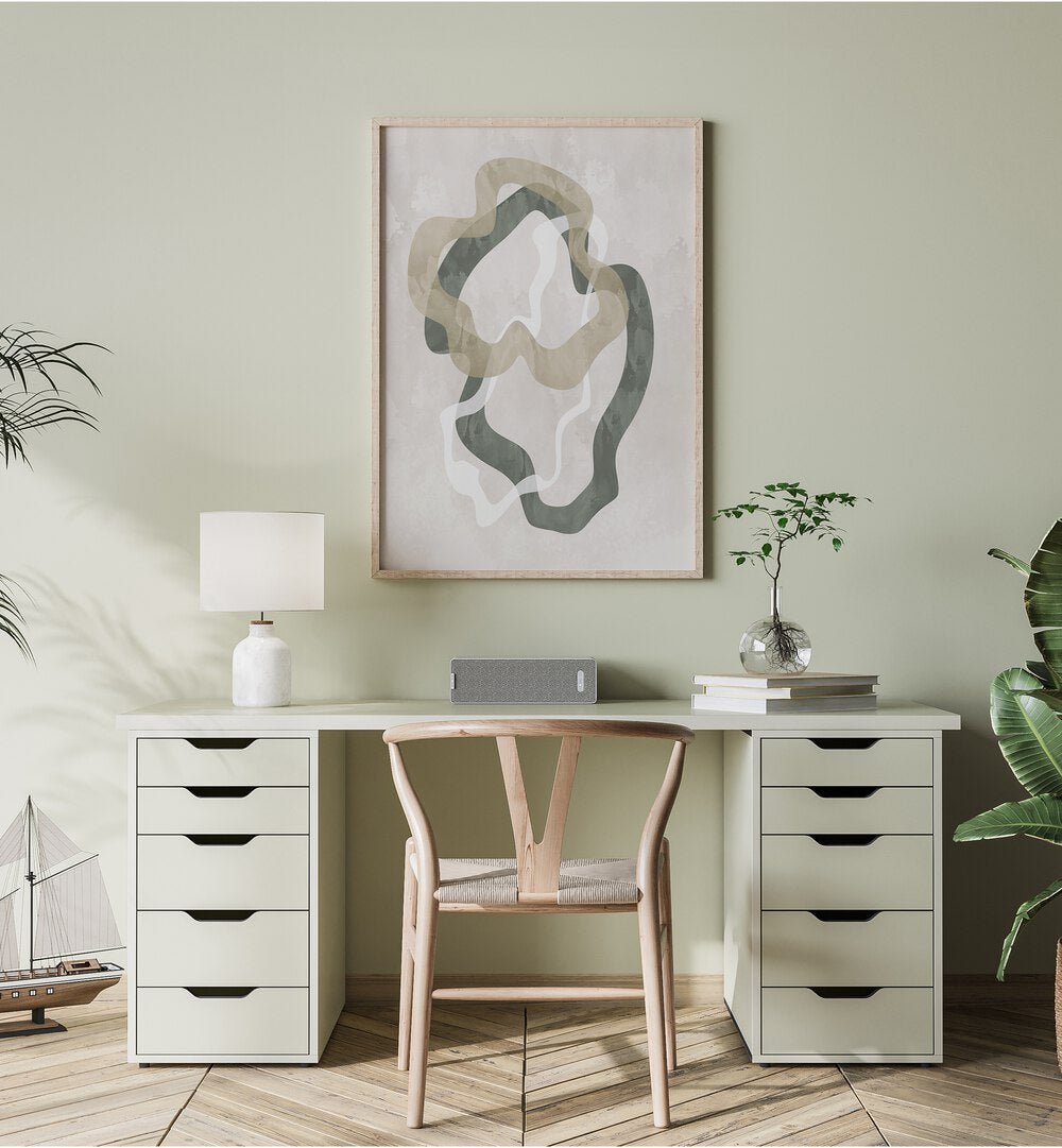 Contemporary decor featuring ABSTRACT GREEN FORMS II, a vibrant addition to any space, showcasing unique shapes.
