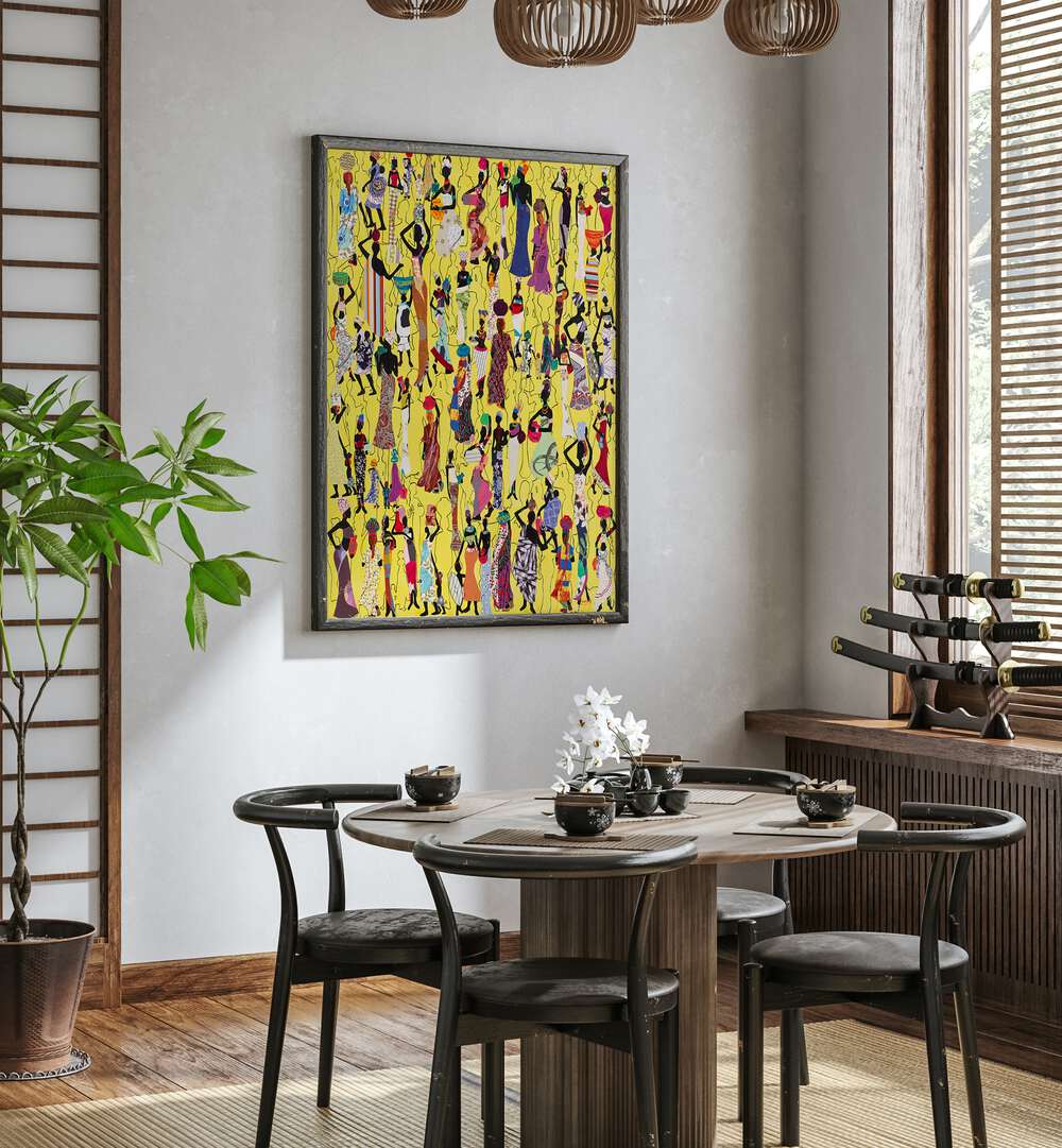 Colorful AFRICA FASHION POSTERS adorn a stylish dining area, adding vibrant culture to your home decor.