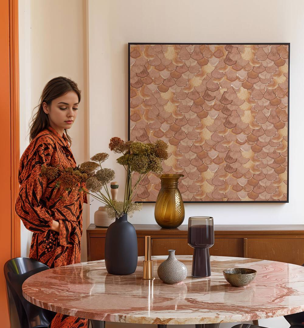 Stylish woman beside the ANIMAL PRINT XIV, ABSTRACT PAINTINGS, showcasing bold fashion and modern decor elements.