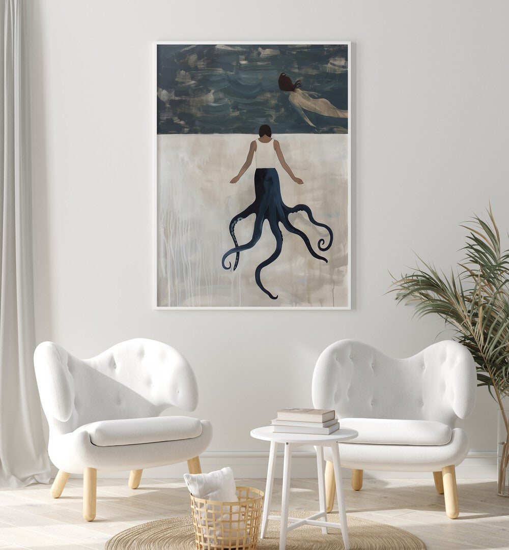 Whimsical OCTOPUS MAID, BEACH PAINTINGS artwork featuring a figure in an ocean scene, perfect for coastal decor.