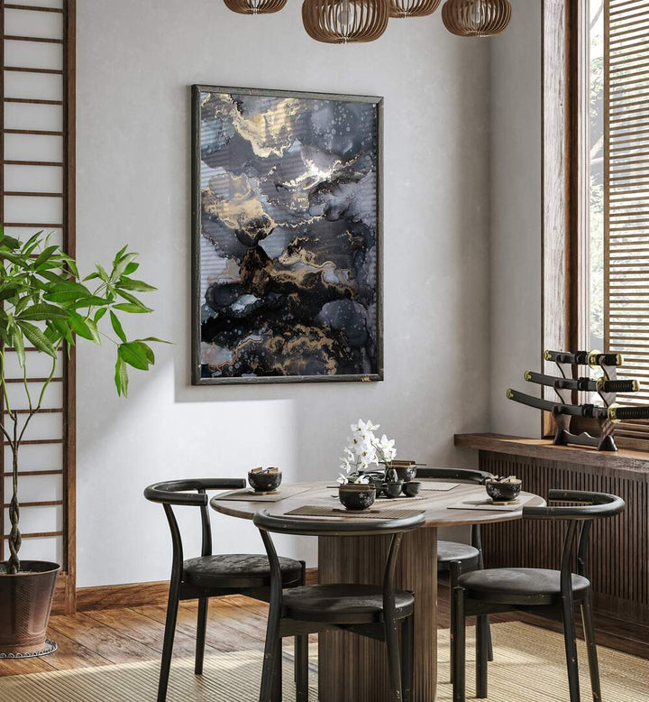FIRESTORM, ABSTRACT PAINTINGS adorn a stylish dining space, enhancing the modern aesthetic of the room.