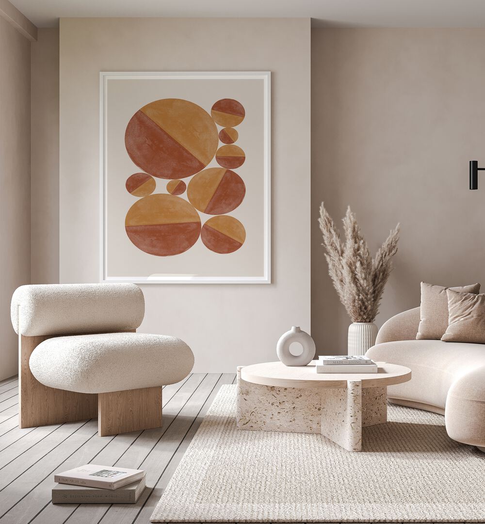 Stylish living room featuring BURNT ORANGE BOLS, GEOMETRIC ART PRINTS from The Miuus Studio for elegant decor.