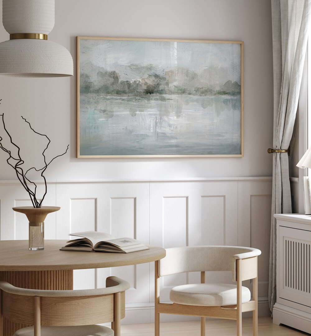 Serene view of a misty lake in tranquil landscape paintings to enhance your living space with calm beauty.