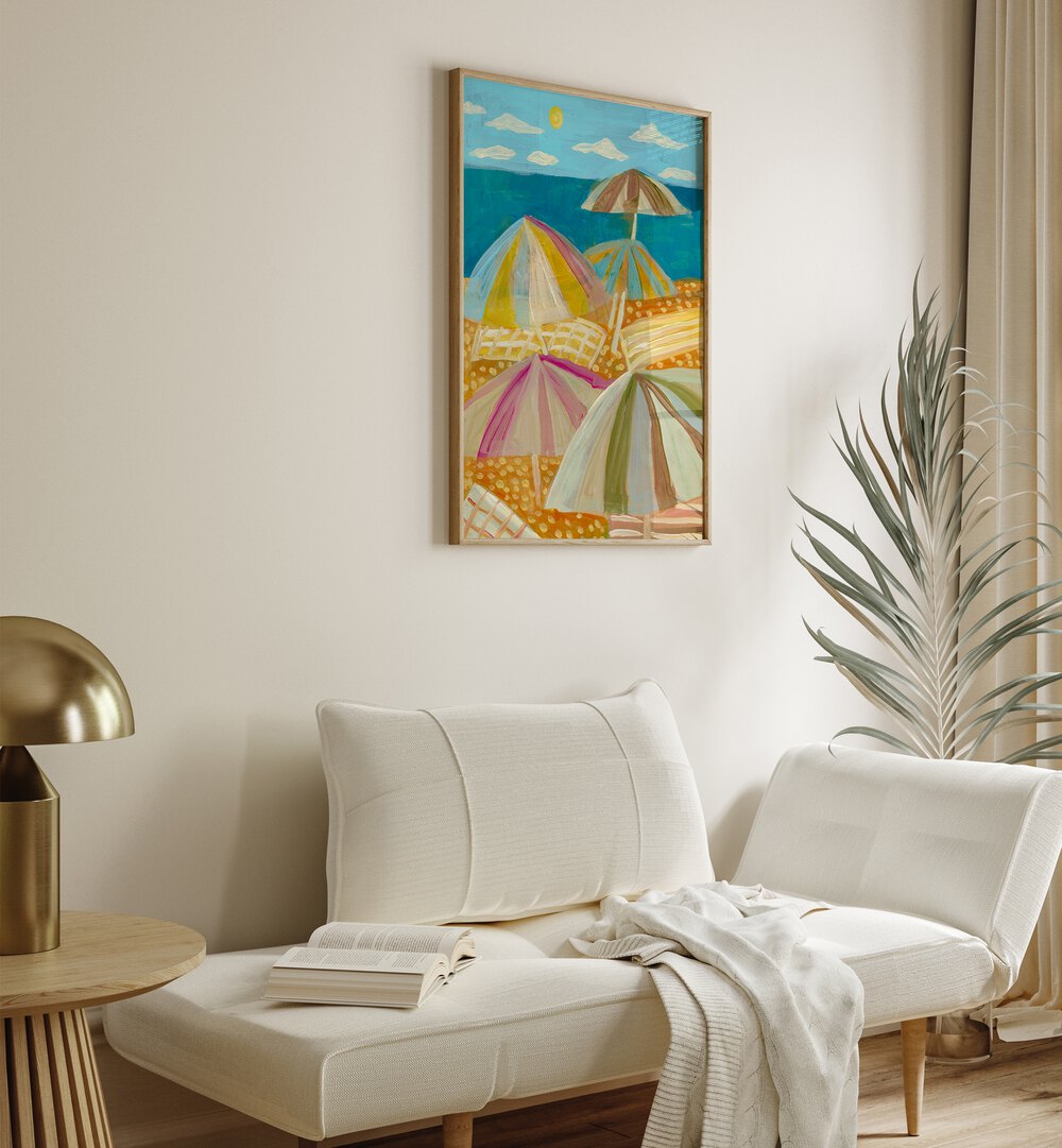 Vibrant BEACH PAINTINGS featuring colorful BEACH UMBRELLAS, perfect for adding coastal charm to your space.
