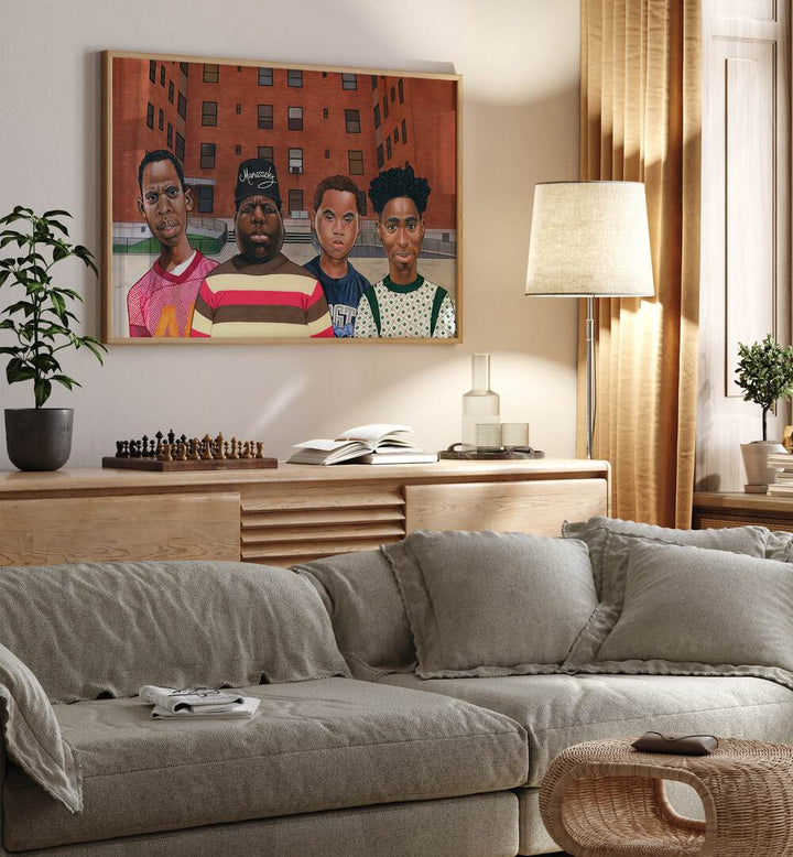BOYZ IN THE HOOD, AFRICAN ART PAINTINGS showcase iconic hip hop legends in a vibrant urban setting.
