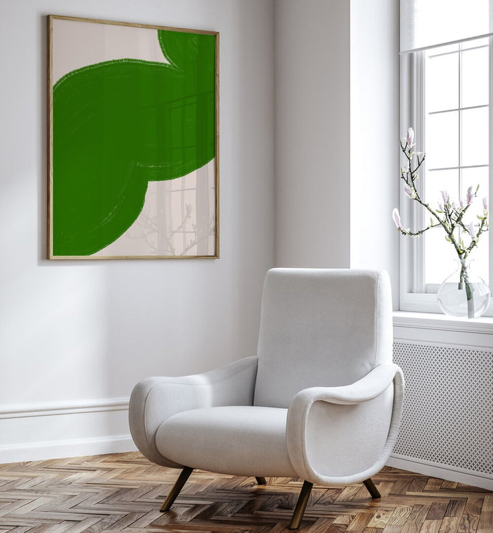 Stylish living room featuring the GREEN SHAPE COMPOSITION, ABSTRACT PAINTINGS, adding elegance and tranquility to the space.