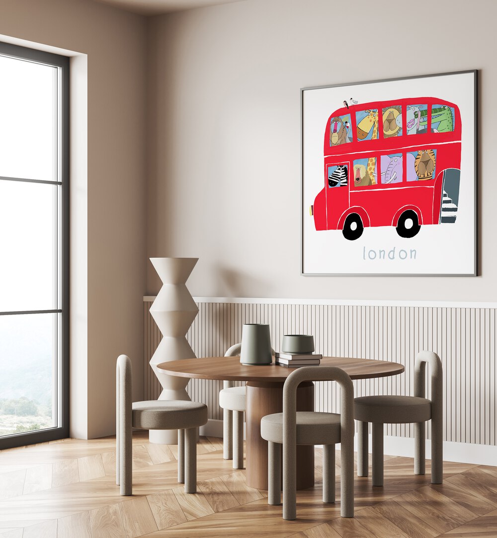 RED LONDON BUS WITH JUNGLE ANIMALS BY CARLA DALY , KIDS ROOM PAINTINGS