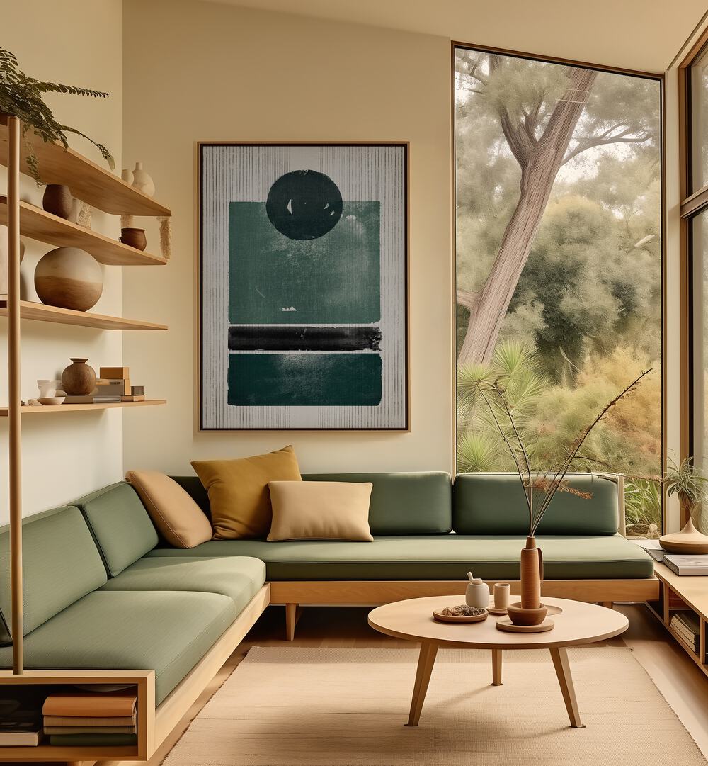Stylish living room featuring THE EMERALD MAN, GEOMETRIC ART PRINTS, adding modern elegance to the decor.