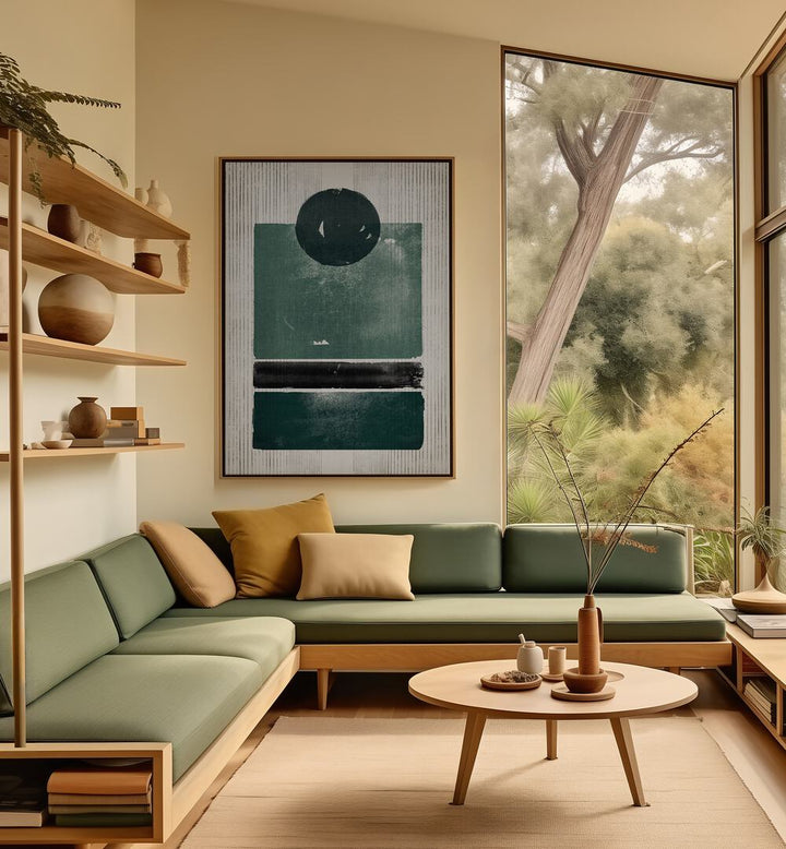 Stylish living room featuring THE EMERALD MAN, GEOMETRIC ART PRINTS, adding modern elegance to the decor.