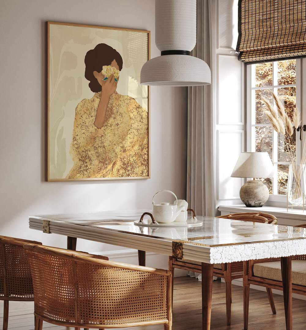 Elegant WOMAN WITH GOLD PEONY, PORTRAITS artwork, showcasing spirituality and fine art in a stunning interior setting.