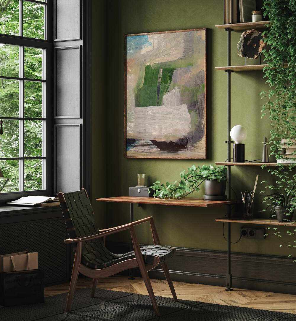 Stylish room featuring SERENE BRUSHSTROKES, ABSTRACT PAINTINGS, enhancing a modern interior with greenery.