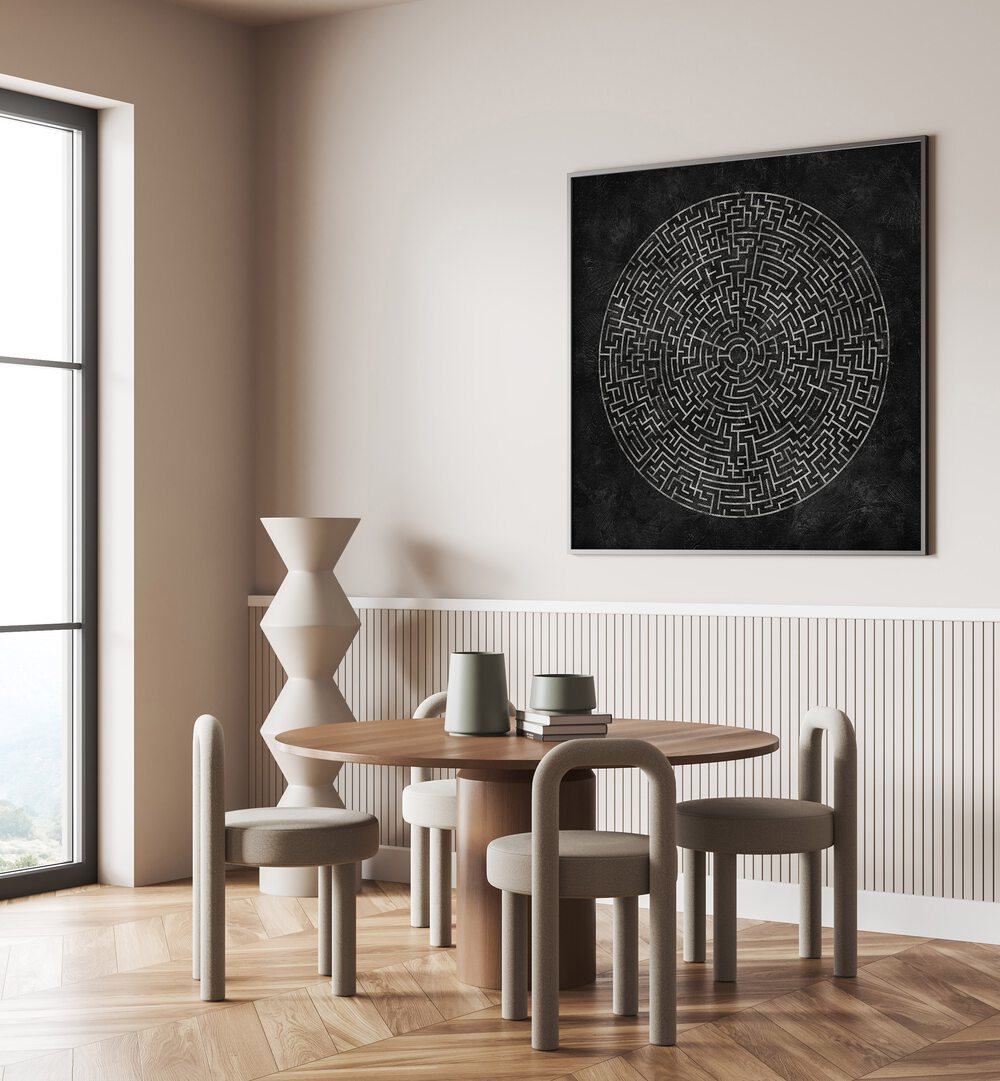 Stylish interior featuring SAND DUNE SYMPHONY II, GEOMETRIC ART PRINTS, blending modern design with abstract shapes.