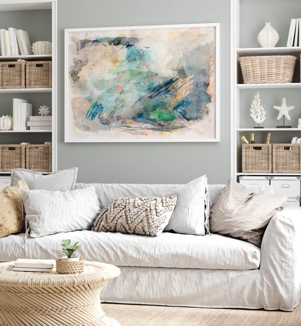 Stylish living room featuring SOFT PASTEL HUES, ABSTRACT PAINTINGS that enhance modern decor and tranquility.