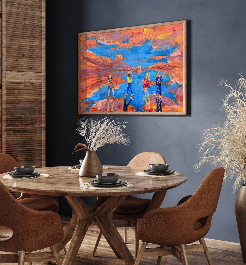 Vibrant SKY FASHION SHOW, PORTRAITS artwork displayed in a stylish dining room setting with modern decor.