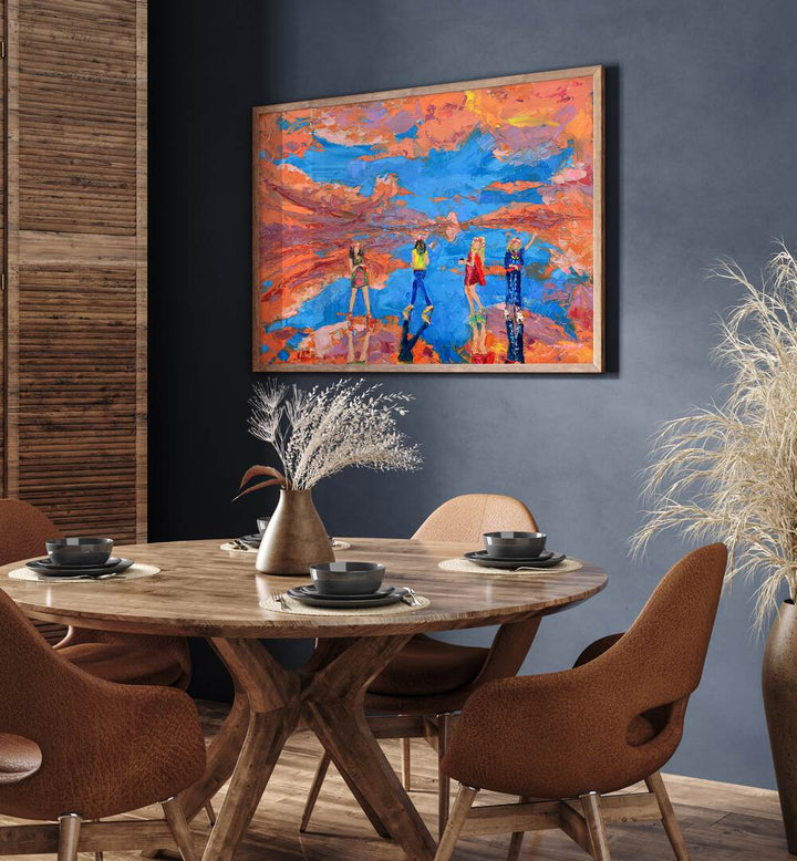 Vibrant SKY FASHION SHOW, PORTRAITS artwork displayed in a stylish dining room setting with modern decor.