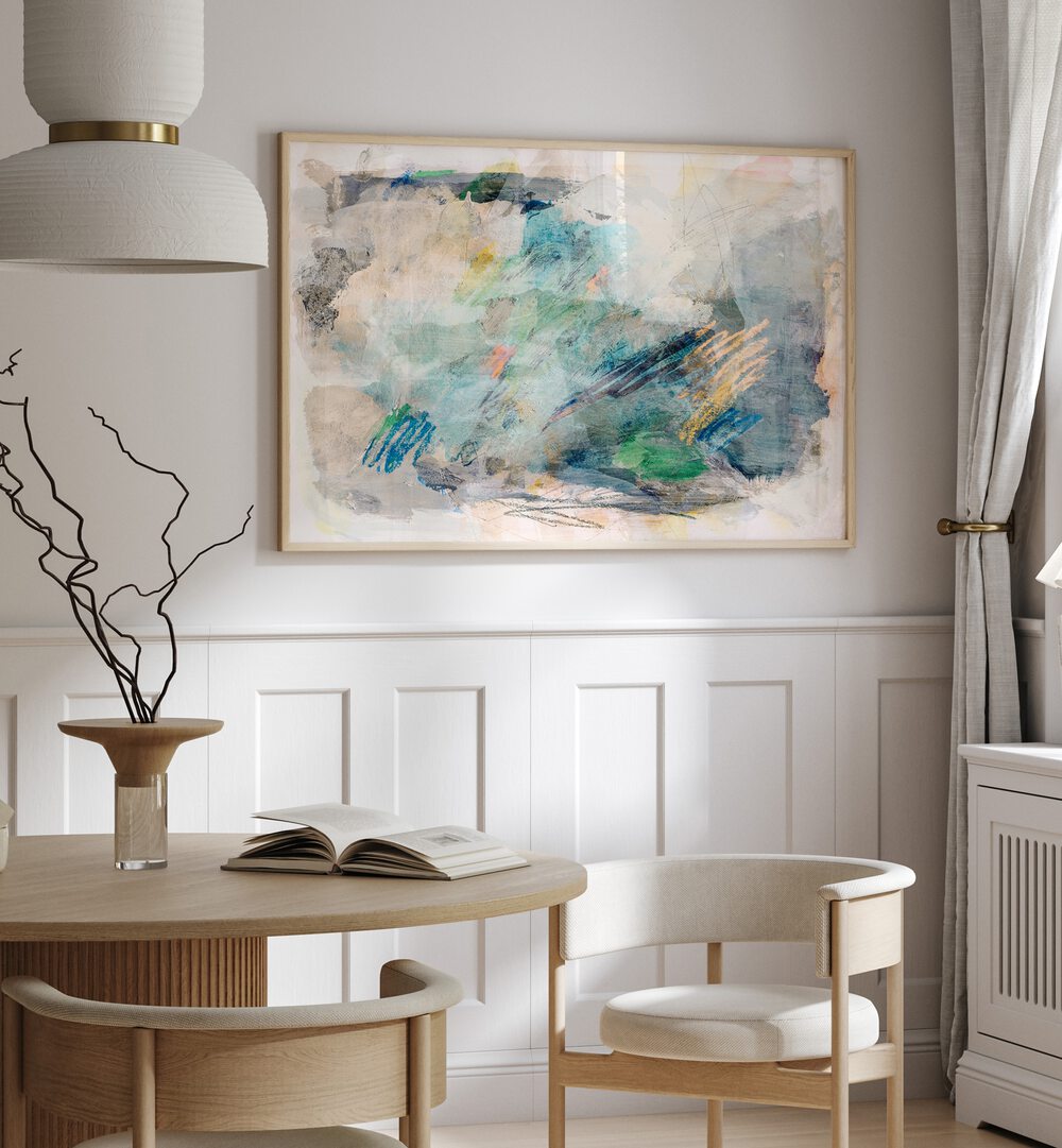 Soft pastel hues blend in an abstract painting, enhancing modern decor for a tranquil ambiance. Perfect for your space.