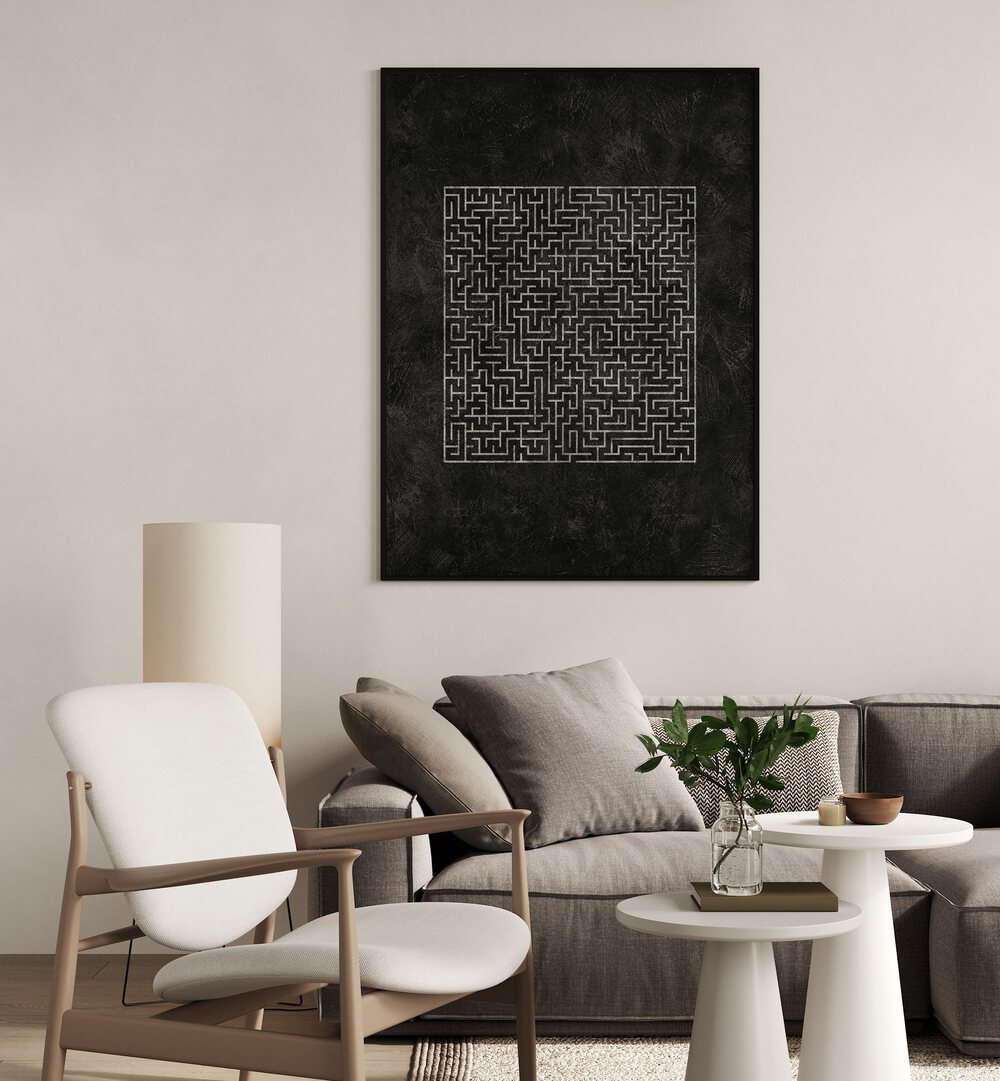 Stylish interior featuring THE SQUARED MAZE JOURNEY, GEOMETRIC ART PRINTS, enhancing modern decor with abstract elegance.