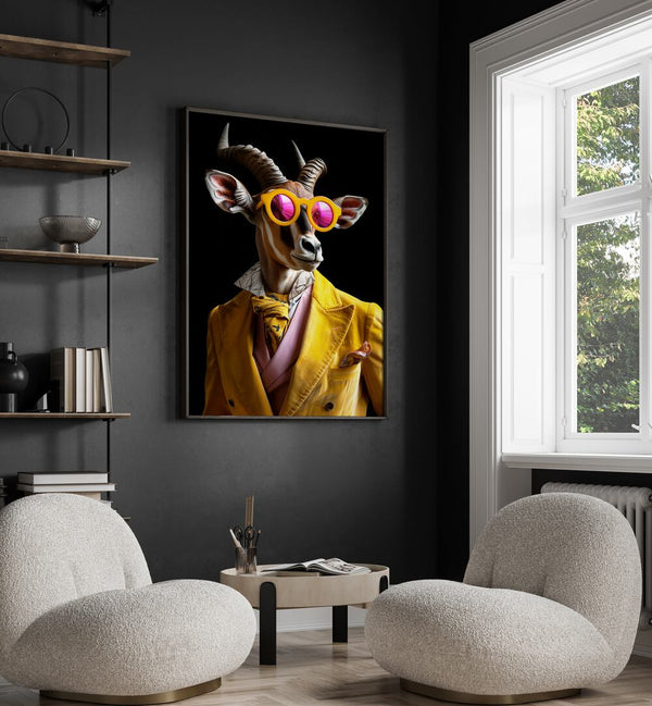 WILD SUITS - KUDU, ANIMAL PAINTINGS showcase a stylish kudu in vibrant fashion, perfect for art lovers by Philippe Hugonnard.