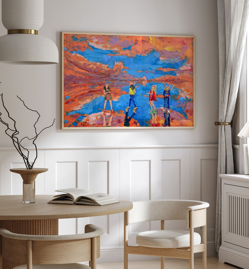 Vibrant SKY FASHION SHOW, PORTRAITS artwork showcasing stylish figures against a colorful backdrop, perfect for decor.