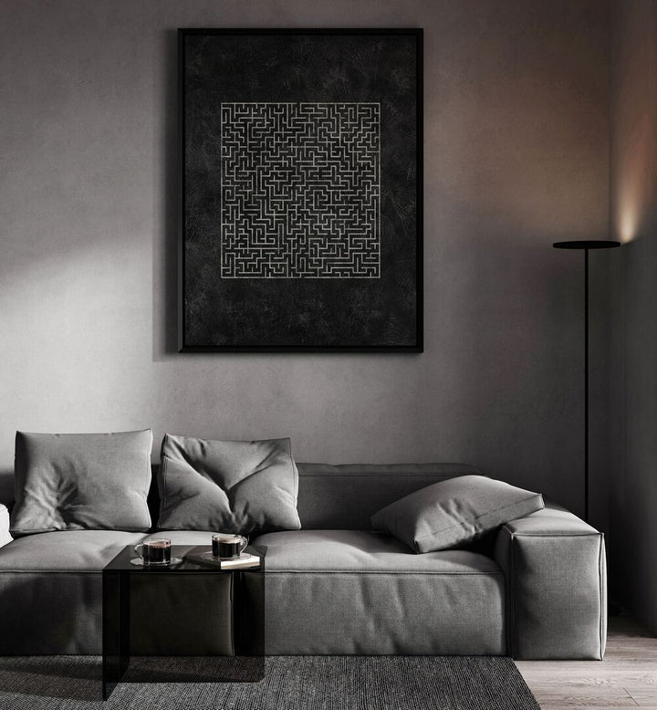 Stylish living room featuring THE SQUARED MAZE JOURNEY, GEOMETRIC ART PRINTS, enhancing modern décor with bold geometry.