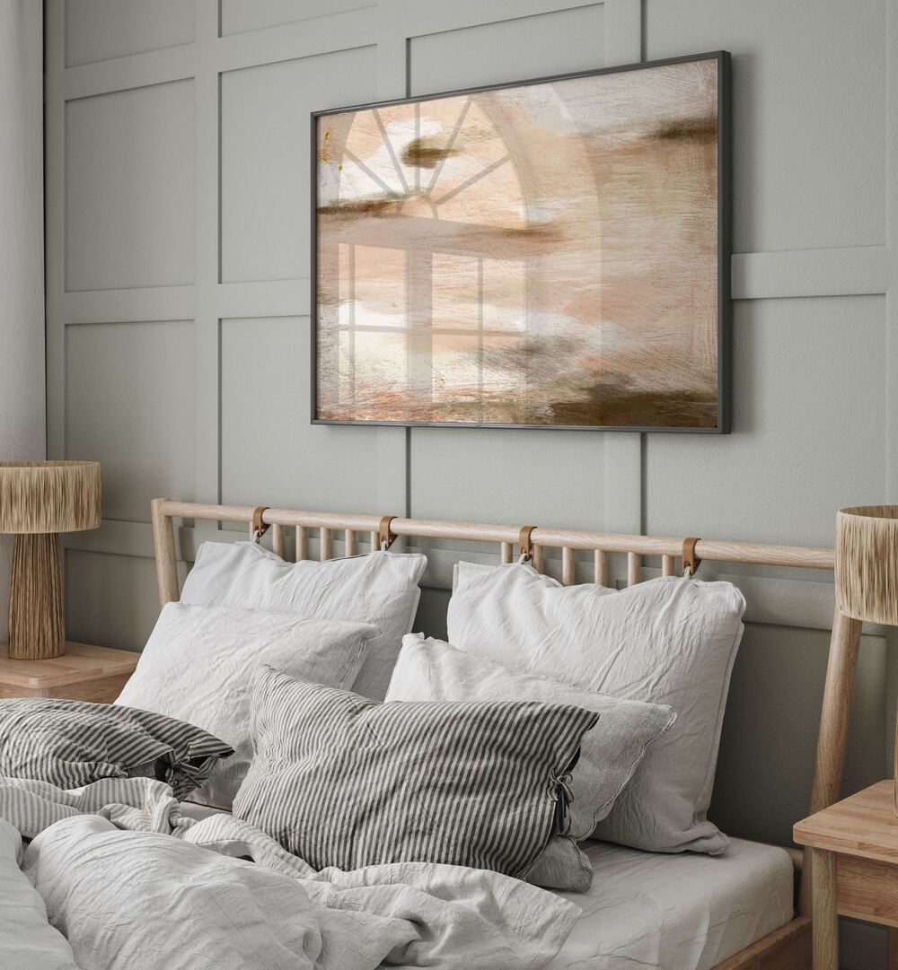 SOPHIE, ABSTRACT PAINTINGS adds elegance to any space, beautifully displayed above a cozy bed in a modern room.