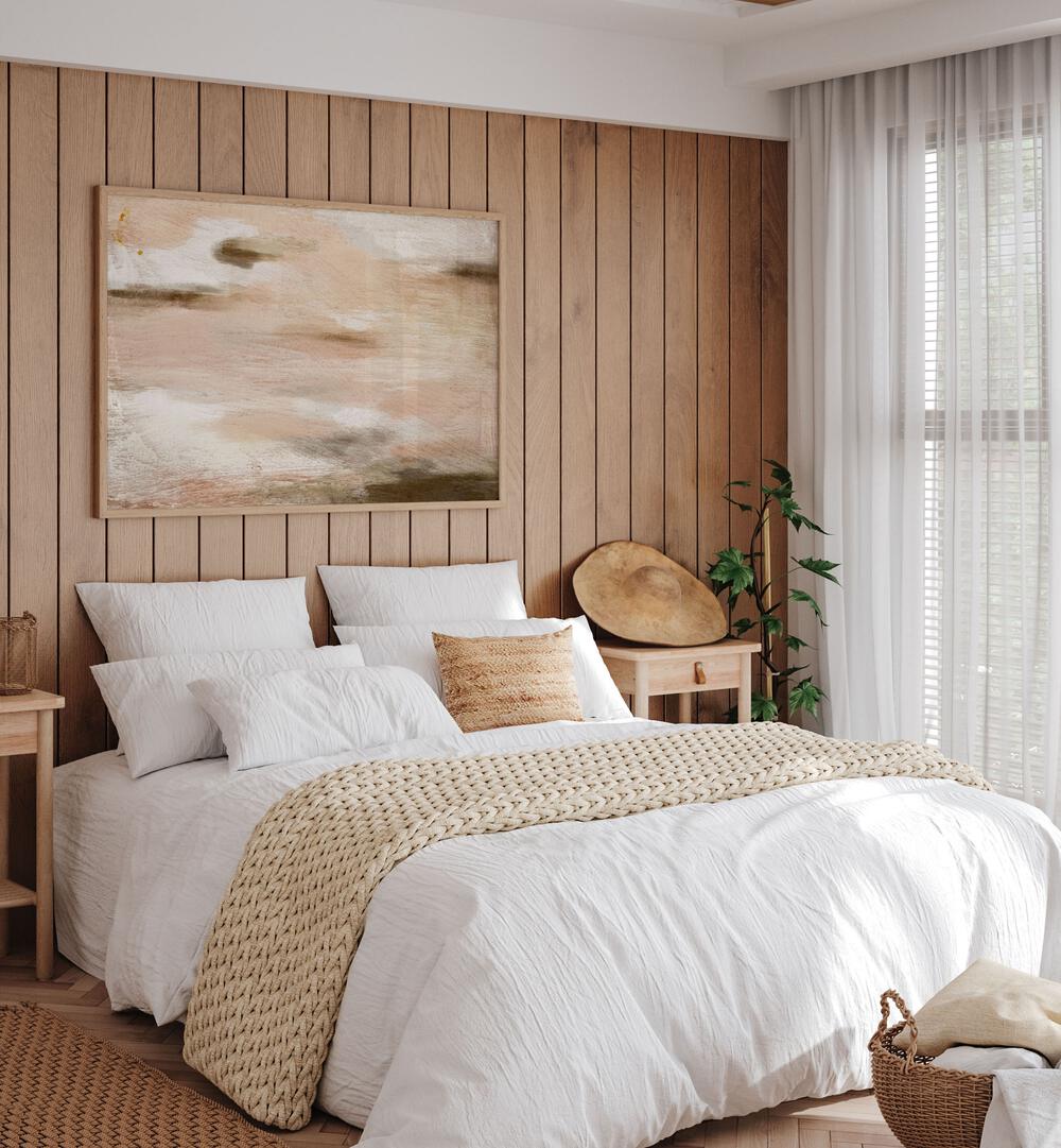 SOPHIE, ABSTRACT PAINTINGS beautifully enhance a cozy bedroom with soft hues and modern style. Perfect for any space.