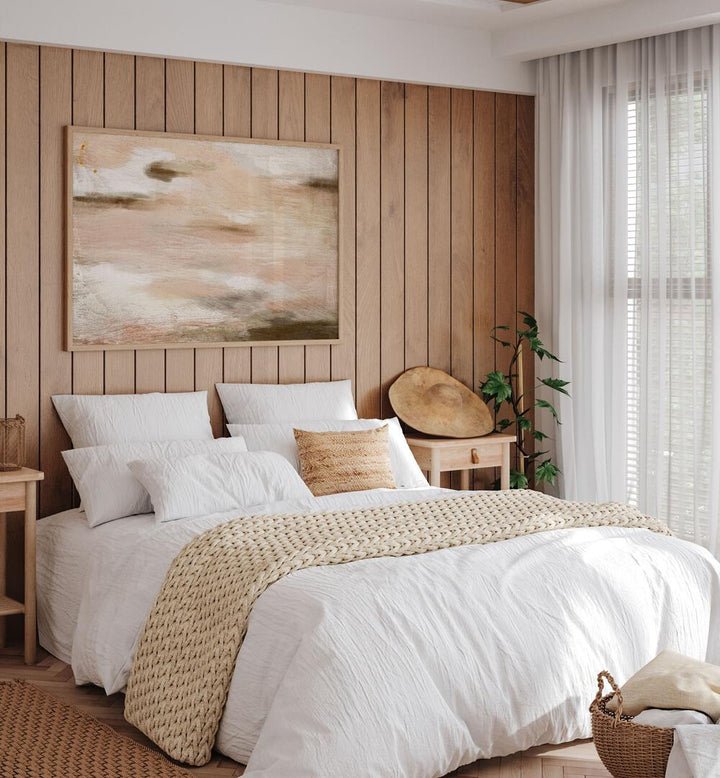 SOPHIE, ABSTRACT PAINTINGS beautifully enhance a cozy bedroom with soft hues and modern style. Perfect for any space.