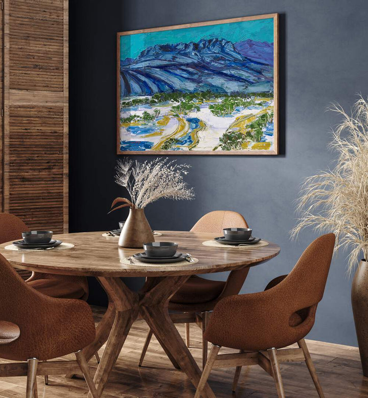 Vibrant SNOWY WITH MOUNTAINS, LANDSCAPE PAINTINGS showcased in a modern dining area, enhancing the interior design.