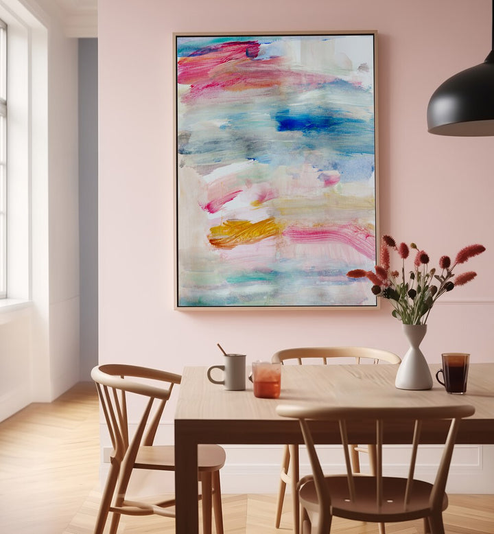 Bright and colorful abstract artwork, "THE VIEW FROM UP HERE, ABSTRACT PAINTINGS," enhances modern dining spaces.