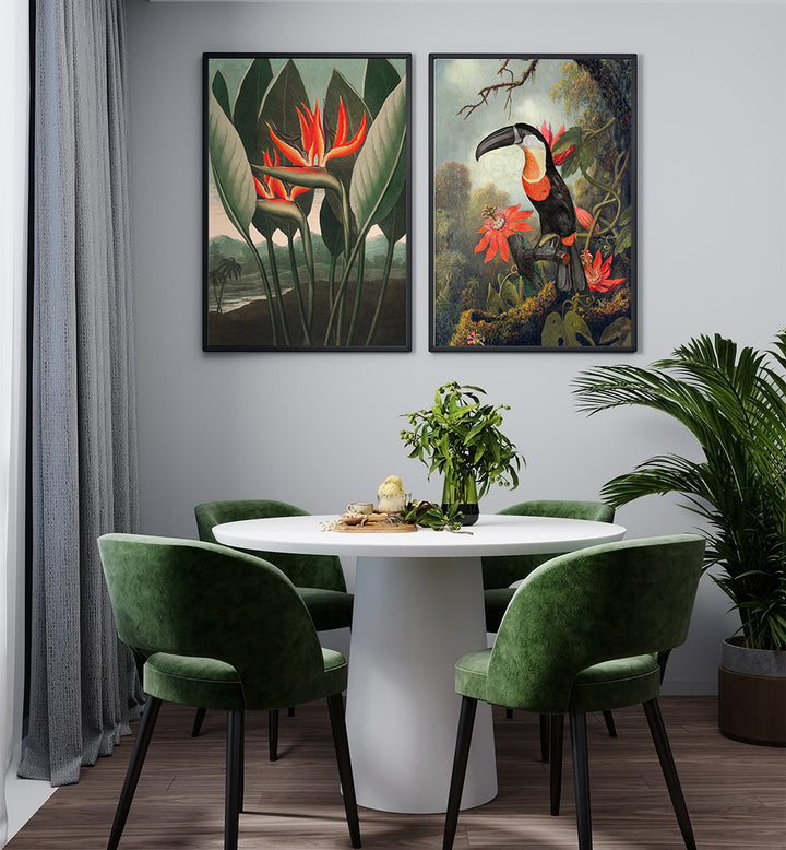 Dining room with green chairs, white table, and nature-themed wall art.