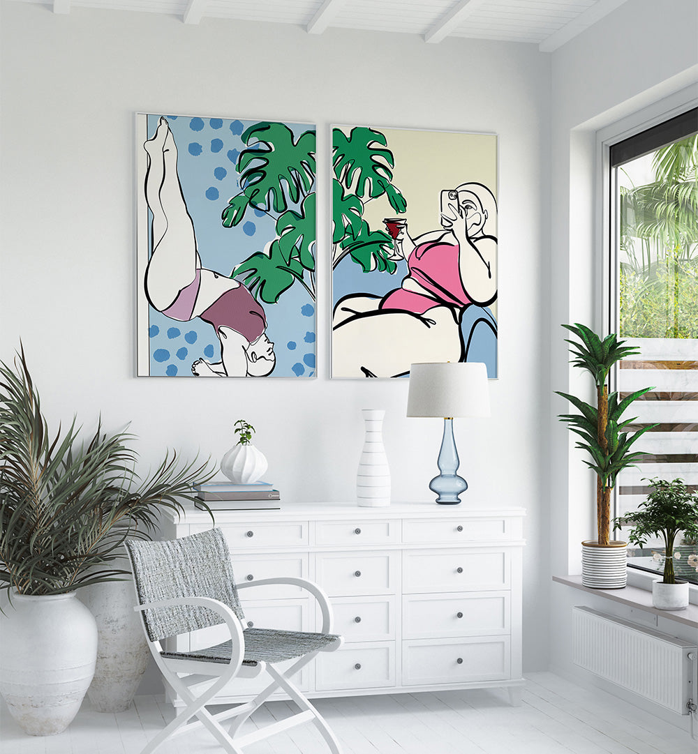 Modern interior with abstract art on the wall, a white chair, and decorative plants.