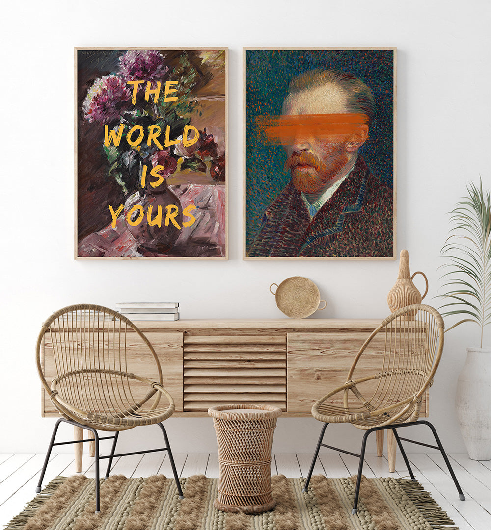 Modern interior with wicker chairs, wooden console table, and abstract art on the wall.