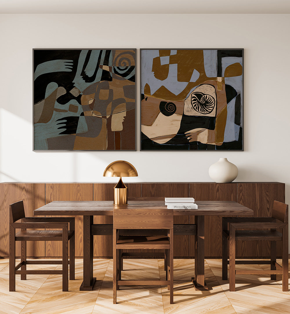 Dining room with wooden table and chairs, abstract art on the wall.