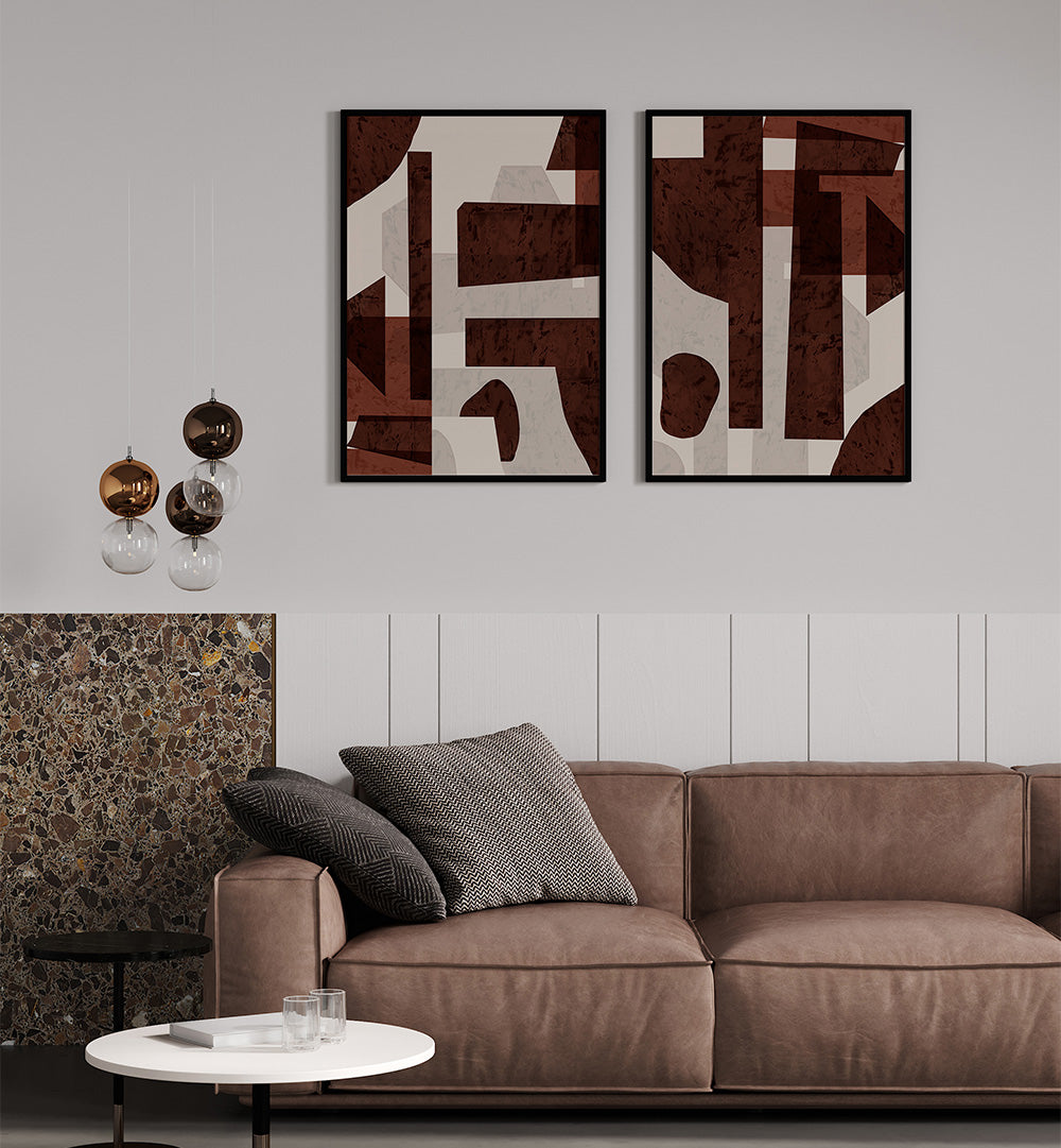 Modern living room with a brown sofa, abstract art on the wall, and decorative elements.