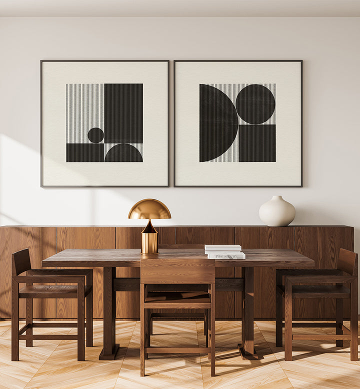 Dining room with wooden table and chairs, abstract art on the wall, and decorative items.